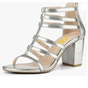FSJ Silver Chunky High Heel Sandals Open Toe T-Strap Cutout Back Zipper Shoes